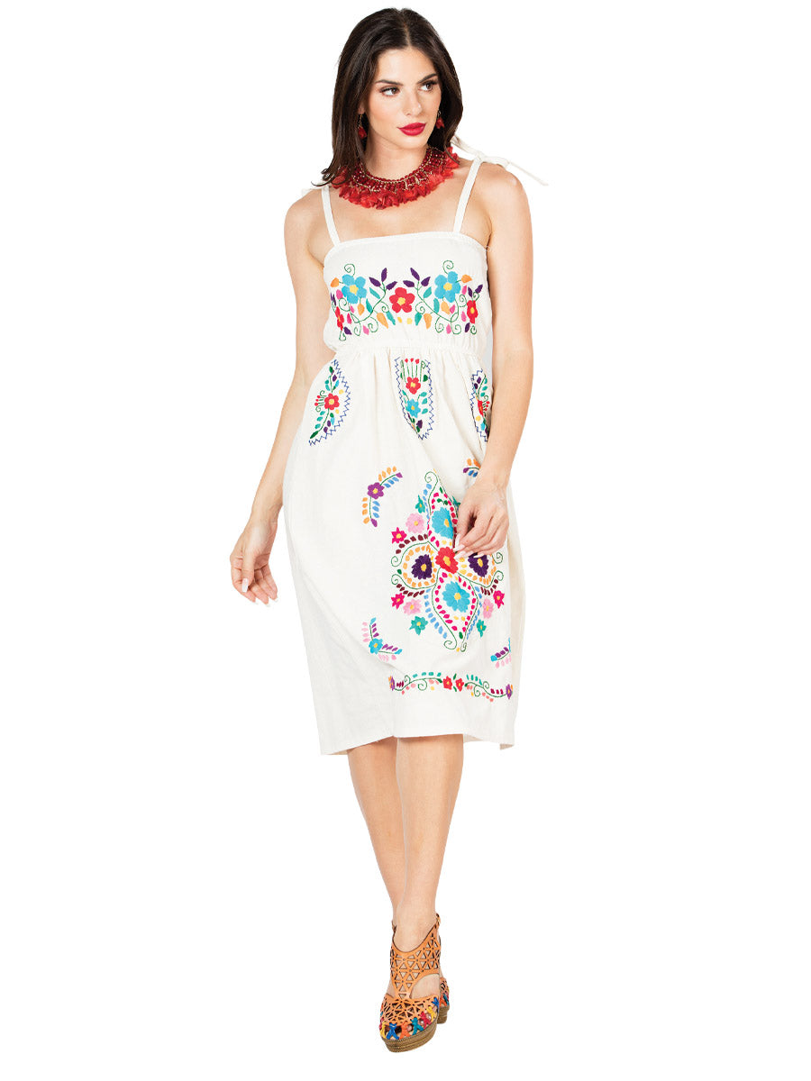 Artisanal Embroidered Dress 100% Cotton Beige 603075