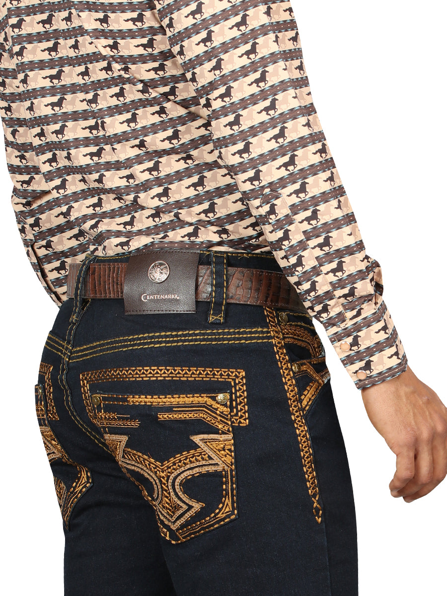 Centenario Men's Rinse Blue Denim with Gold Embroidered Details  45313